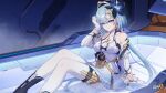  1girl aged_up arm_support bare_shoulders blue_hair breasts chinese_commentary cleavage dress earrings feet_out_of_frame gloves griseo highres honkai_(series) honkai_impact_3rd jewelry large_breasts light_blue_hair logo official_art official_wallpaper purple_eyes solo spoilers waking_up white_dress white_gloves 