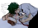  1boy 1girl arms_up blush boku_no_hero_academia bra brown_hair green_hair hk_(nt) holding_another&#039;s_arm lying midoriya_izuku necktie on_back simple_background sweat unbuttoned underwear uraraka_ochako white_background 