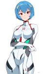  1girl absurdres ayanami_rei blue_hair bodysuit breasts closed_mouth commentary cowboy_shot english_commentary hair_between_eyes highres interface_headset light_blush light_frown looking_at_viewer medium_breasts neon_genesis_evangelion pilot_suit plugsuit red_eyes short_hair simple_background skin_tight solo standing t-lex white_background white_bodysuit 