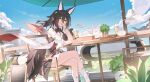  1girl :d animal animal_ear_fluff animal_ears bare_shoulders bird black_hair blue_sky boots breasts chair cloud commentary_request crossed_legs day feet_out_of_frame fox fox_ears fox_girl fox_tail green_eyes hair_ornament hand_up highres honkai:_star_rail honkai_(series) large_breasts long_hair looking_at_viewer on_chair outdoors plant ponytail sky smile solo sye- table tail tingyun_(honkai:_star_rail) white_footwear 