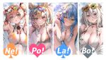  4girls all_fours animal_ear_fluff animal_ears arm_up bikini black_choker black_eyes blonde_hair blue_hair breasts character_hair_ornament choker cleavage closed_mouth daifuku_(yukihana_lamy) double_bun eyewear_on_head flower fox_ears front-tie_top green_eyes grey_hair grin hair_bun hair_flower hair_ornament hair_ribbon highres hololive kubota_masaki large_breasts lion_ears momosuzu_nene multicolored_hair multiple_girls nekko_(momosuzu_nene) nepolabo omaru_polka parted_lips pink_hair pointy_ears purple_eyes red_nails ribbon shishiro_botan smile ssrb_(shishiro_botan) streaked_hair string_bikini striped striped_bikini swimsuit white_bikini yellow_bikini yellow_eyes yukihana_lamy zain_(omaru_polka) 