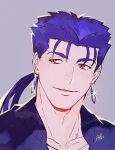  1boy blue_hair blue_jacket collarbone cu_chulainn_(fate) earrings fate/stay_night fate_(series) glint grey_background hal_(haaaalhal) highres jacket jewelry long_hair looking_to_the_side male_focus parted_lips ponytail portrait red_eyes shirt silver_earrings solo white_shirt 