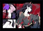  2girls black_hair collared_shirt dress flower flower_on_head green_shirt horns long_hair multiple_girls nippaku_zanmu oni_horns pointy_ears profile purple_dress purple_flower re_ghotion red_eyes shirt short_sleeves touhou yomotsu_hisami 