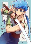  absurdres breath_of_fire breath_of_fire_iv green_eyes highres holding holding_sword holding_weapon jewelry jewerly looking_at_viewer maruno necklace red_sash ryuu_(breath_of_fire_iv) sash signature solo sword weapon 