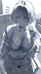 1girl backlighting bra breasts cleavage collarbone collared_shirt electric_fan greyscale gundam gundam_suisei_no_majo hews highres large_breasts leotard looking_at_viewer monochrome navel off_shoulder open_clothes open_mouth open_shirt parted_bangs pencil_skirt secelia_dote shirt short_hair short_shorts shorts sitting sketch skirt solo thighhighs thighs underwear 