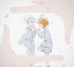  1boy 1girl absurdres awarin blue_eyes collared_shirt emma_(yakusoku_no_neverland) eye_contact finger_frame finger_to_mouth green_eyes highres leaf looking_at_another neck_tattoo norman_(yakusoku_no_neverland) number_tattoo orange_hair pants pov_finger_frame shirt short_hair shushing skirt tattoo white_background white_hair white_pants white_shirt white_skirt yakusoku_no_neverland 