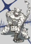  1boy abs absurdres animal_ears arknights bara censored character_censor facial_hair full_body furry furry_male goatee hand_on_floor highres kneeling large_hands large_pectorals male_focus male_masturbation male_pubic_hair masturbation mountain_(arknights) muscular muscular_male nipples novelty_censor pectorals pubic_hair saliva scar scar_across_eye scar_on_arm short_hair solo stomach tail_raised thick_eyebrows tiger_boy tiger_ears tongue tongue_out white_hair yingou_li_de_wenyi_zhi_yuan 