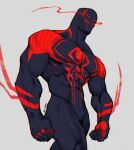  1boy absurdres arm_blade bara blue_bodysuit bodysuit clenched_hands covered_abs eye_trail feet_out_of_frame highres large_pectorals light_trail looking_ahead male_focus marvel mask muscular muscular_male otherrb2 pectorals print_bodysuit red_bodysuit solo spider-man:_across_the_spider-verse spider-man_(2099) spider-man_(series) thighs two-tone_bodysuit veins veiny_arms walking weapon 