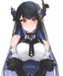  1girl asymmetrical_horns bare_shoulders black_hair blue_hair blush breasts colored_inner_hair demon_horns hair_ornament highres hololive hololive_english horns jailbird_(nerissa_ravencroft) large_breasts long_hair looking_at_viewer mole mole_under_eye multicolored_hair nerissa_ravencroft red_eyes shou3_2 solo two-tone_hair uneven_horns very_long_hair virtual_youtuber 