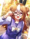  1girl :d adjusting_eyewear animal_ears bespectacled blue_skirt blurry blurry_background bow breasts brown-framed_eyewear brown_hair commentary_request copano_rickey_(umamusume) depth_of_field double_bun dutch_angle fang glasses hair_between_eyes hair_bun hair_ornament highres horse_ears leaf long_sleeves looking_at_viewer medium_breasts multicolored_hair open_mouth pleated_skirt purple_eyes ribbon rukinya_(nyanko_mogumogu) school_uniform skin_fang skirt smile solo tassel tassel_hair_ornament tracen_school_uniform two-tone_hair umamusume white_bow white_hair 