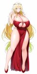  1girl absurdres blonde_hair breasts cleavage clothing_cutout dress full_body g-string gem green_eyes highres huge_breasts long_hair original pelvic_curtain pointy_ears red_dress red_footwear simple_background solo suruga_(xsurugax) thong underboob_cutout veil very_long_hair white_background 