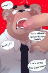  2023 2:3 absurd_res anthro bear black_nose bodily_fluids brown_body clothing dialogue dumdum duo english_text erection genitals hi_res humanoid_hands kemono male male/male mammal necktie overweight overweight_male penis red_background shirt simple_background solo_focus surprise sweat text topwear 