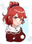  1girl alternate_costume anna_(fire_emblem) closed_mouth crossed_bangs fire_emblem fire_emblem_engage highres long_hair looking_at_viewer ponytail red_eyes red_hair red_sweater scarf smile snowflakes solo sweater thedarkestuno upper_body white_scarf 