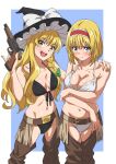  aki_minoriko belt bikini black_bikini blonde_hair blue_eyes blush braid breasts brown_belt brown_eyes chaps cleavage collarbone cowgirl_(western) embarrassed frown gun gyouza_(mhea5724) hairband hand_on_another&#039;s_shoulder handgun hat highres holding holding_gun holding_weapon kirisame_marisa long_hair looking_at_viewer medium_breasts medium_hair multiple_girls open_mouth simple_background smile standing swimsuit teeth touhou upper_teeth_only weapon white_background white_bikini witch_hat 