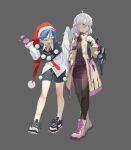  2girls adapted_costume black_shorts blob blue_eyes blue_hair collared_shirt doremy_sweet dream_soul full_body grey_background grey_hair hair_between_eyes hat highres jacket kishin_sagume multiple_girls necktie nightcap open_clothes open_jacket purple_skirt purple_sweater red_eyes red_headwear red_necktie shirt shoes short_hair shorts simple_background single_wing skirt sneakers song113 sweater touhou white_footwear white_shirt white_wings wings 