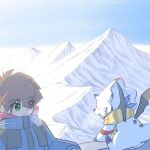  anthro bandai_namco brown_hair camping clothing digimon digimon_(species) digimon_ghost_game duo gammamon green_eyes hair hiro_amanokawa human jacket male mammal mountain sansyonoki64 scarf snow topwear white_body wings 