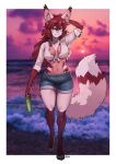  absurd_res accessory anthro beach belly bottomwear bow_ribbon breasts canid canine clothing cutoffs denim denim_clothing digitigrade ear_tuft female fox fur glistening glistening_belly glistening_breasts hair hair_accessory hair_bow hair_ribbon hand_behind_head hi_res inner_ear_fluff long_hair looking_at_viewer mammal midriff navel pgm300 pink_body pink_fur ribbons seaside shirt shorts slippers solo thong tied_shirt topwear tuft underwear 