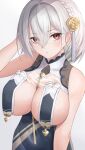  1girl azur_lane bare_shoulders breast_curtains breasts china_dress chinese_clothes dress hair_between_eyes hair_ornament highres large_breasts looking_at_viewer official_alternate_costume red_eyes revealing_clothes short_hair sirius_(azur_lane) sirius_(azure_horizons)_(azur_lane) solo white_hair yamamoto_warabi 