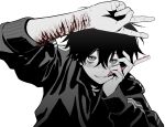  1boy absurdres arm_up bags_under_eyes black_hair blood blush commentary hair_between_eyes hand_on_own_face highres holding_boxcutter imai_akira jacket long_sleeves looking_at_viewer male_focus monochrome original self_harm short_hair simple_background smile solo spot_color symbol-only_commentary track_jacket upper_body v white_background wrist_cutting 