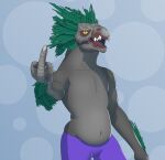  3_fingers absurd_res alien anthro arm_tuft avian beak bottomwear clothed clothing colored fangs feather_hair feather_tuft feathered_crest feathers fingers green_body green_feather_hair green_feathers grey_body grey_scales grey_skin halo_(series) head_crest hi_res kig-yar looking_at_viewer male microsoft musclegut navel non-mammal_navel open_mouth pants pseudo_hair pupils purple_bottomwear purple_clothing purple_pants raised_arm random73 scales scalie shaded simple_background slit_pupils solo t&#039;vaoan teeth tongue topless tuft xbox_game_studios yellow_eyes 