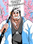  1boy ^_^ absurdres bara cherry_blossoms chest_hair clenched_teeth closed_eyes cross_scar facial_hair goatee happy_birthday highres holding holding_polearm holding_weapon hood hood_down houzouin_oniwaka jacket japanese_clothes kimono large_pectorals long_sideburns male_focus mature_male muscular muscular_male open_clothes open_jacket over_shoulder pectoral_cleavage pectorals polearm saro_(rotsw_00022) scar short_hair sideburns solo teeth tokyo_afterschool_summoners upper_body weapon weapon_over_shoulder 
