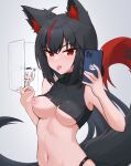  2girls absurdres ahoge animal_ear_fluff animal_ears black_hair blush braid breasts dark_persona fox_ears fox_girl fox_tail hair_between_eyes highres hololive kurokami_fubuki large_breasts long_hair multiple_girls navel navel_piercing nipple_piercing nipples open_mouth pentagram piercing red_eyes selfie shirakami_fubuki single_braid tail telomere tongue tongue_out tongue_piercing virtual_youtuber 