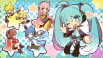  2boys 4girls ;p ahoge belt black_skirt blonde_hair blue_eyes blue_hair blue_nails blue_necktie blue_scarf boots bow bright_pupils brown_eyes brown_hair chibi coat crop_top crossed_legs detached_sleeves full_body hair_ornament hairclip hajime_(vasu) hatsune_miku headphones headset heart kagamine_len kagamine_rin kaito_(vocaloid) megurine_luka meiko_(vocaloid) miniskirt multiple_boys multiple_girls musical_note nail_polish necktie number_tattoo one_eye_closed open_mouth pants pink_hair pleated_skirt project_diva_(series) red_nails red_skirt scarf short_hair shoulder_tattoo sitting skirt smile tattoo teeth tongue tongue_out twintails upper_teeth_only v vocaloid white_bow white_coat white_pupils 