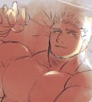  1boy bara black_hair blush facial_hair flaming_halo half-closed_eyes halo holding_hands large_pectorals light looking_at_viewer lying male_focus mature_male muscular muscular_male nude on_back on_bed orange_theme pectorals po_fu short_hair sketch smile solo_focus spot_color stubble sunlight thick_eyebrows tokyo_afterschool_summoners upper_body zabaniyya_(housamo) 