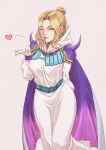  1girl armor blonde_hair blue_eyes cape dress final_fantasy final_fantasy_iv final_fantasy_iv_the_after gloves heart highres jewelry lips non-web_source one_eye_closed rosa_farrell shoulder_armor simple_background solo white_gloves yukimedonn 