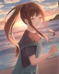  1girl absurdres beach black_shirt blue_sky blurry blurry_background blush brown_hair closed_eyes cloud cloudy_sky collarbone evening fujizarashi gradient_sky hair_ornament hand_up highres inoue_takina lips long_hair lycoris_recoil ocean outdoors ponytail rock sand shirt short_sleeves sidelocks sky smile solo standing sunset t-shirt teeth water yellow_sky 