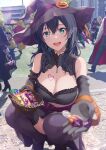  1girl aqua_eyes arm_belt belt black_headwear blurry blurry_foreground blush breasts candy cleavage elbow_gloves food giving gloves hair_between_eyes hat highres holding holding_candy holding_food incoming_food kenzen_kanojo_uruka-chan large_breasts long_hair looking_at_viewer open_mouth original purple_belt purple_thighhighs shamakho squatting teeth thighhighs upper_teeth_only uruka_(kenzen_kanojo_uruka-chan) witch_hat 