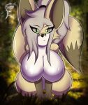  absurd_res big_breasts blush breasts busty_feral butt canid canine detailed_background fay_(fennythefox) female fennec fennythefox feral fox fur hair hi_res huge_breasts looking_at_viewer mammal non-mammal_breasts nude outside simple_background smile solo tail 