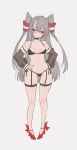  1girl adapted_costume amatsukaze_(kancolle) bikini black_bikini breasts brown_eyes chigasaki_yukari detached_sleeves full_body grey_hair hair_tubes hands_on_own_hips highres kantai_collection long_hair panties red_footwear side-tie_panties small_breasts solo swimsuit two_side_up underwear 