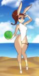  2023 absurd_res anthro ball beach blue_eyes breasts brown_body brown_fur brown_hair clothing eyebrows eyelashes female fur gloves_(marking) hair hi_res holding_object lagomorph leg_markings leporid long_ears looking_at_viewer mammal markings one-piece_swimsuit outside ponytail rabbit scorpdk seaside smile smiling_at_viewer socks_(marking) solo swimwear tan_body tan_fur wristband 