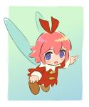  1girl blue_background blue_eyes border brown_footwear dress fairy fairy_wings hair_ribbon kirby_(series) kirby_64 looking_at_viewer nopepe open_mouth outside_border pointing red_dress red_ribbon ribbon ribbon_(kirby) solo wings 