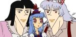  3girls bad_anatomy black_hair blue_hair fujiwara_no_mokou houraisan_kaguya implied_yaoi kamishirasawa_keine meme multiple_girls raymoo_hackery red_eyes signature staring touhou triangular_headpiece white_background white_hair 