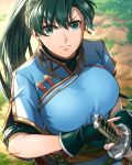  &gt;:( 1girl absurdres black_gloves blue_dress breasts delsaber dress fingerless_gloves fire_emblem fire_emblem:_the_blazing_blade gloves green_eyes green_hair highres large_breasts long_hair looking_at_viewer lyn_(fire_emblem) sash short_dress solo sword upper_body v-shaped_eyebrows very_long_hair weapon 