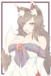 animal_ears breasts brown_hair cleavage cube85 hair_over_one_eye highres imaizumi_kagerou large_breasts long_hair looking_at_viewer off_shoulder open_mouth red_eyes simple_background tail touhou upper_body white_background wolf_ears wolf_girl wolf_tail 