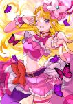  1girl \m/ blonde_hair braid bug butterfly butterfly_brooch butterfly_hair_ornament cure_butterfly dated earrings frills hair_ornament hand_up hat highres hijiri_ageha hirogaru_sky!_precure jewelry magical_girl midriff navel one_eye_closed outstretched_arm pink_skirt precure purple_eyes ramune02 side_braid single_thighhigh skirt smile solo thighhighs 