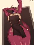  anthro apron apron_only big_breasts breasts clothing dragon female goolee hi_res low-angle_view mostly_nude multicolored_body solo thick_thighs two_tone_body 