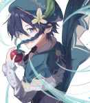  1boy androgynous apple beret black_hair blue_hair bow braid cape collared_cape collared_shirt commentary covered_mouth flower food frilled_sleeves frills fruit genshin_impact gradient_hair green_cape green_eyes green_headwear hair_flower hair_ornament hair_over_mouth hat highres holding holding_food holding_fruit karamaru626 leaf long_sleeves looking_at_viewer male_focus multicolored_hair shirt short_hair_with_long_locks side_braids sidelocks simple_background solo twin_braids venti_(genshin_impact) white_background white_flower white_shirt 