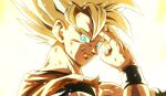  1boy blonde_hair blood blood_on_face dis_(dissketch) dougi dragon_ball dragon_ball_super highres kubota_chikashi_(style) looking_at_viewer muscular muscular_male son_goku super_saiyan 