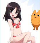  1girl :3 :d arms_at_sides azumanga_daioh bikini black_hair blue_background blush brown_eyes collarbone commentary flat_chest frilled_bikini frills from_side front-tie_bikini_top front-tie_top gradient_background hayashiya_zankurou kasuga_ayumu looking_at_viewer looking_to_the_side medium_hair mihama_chiyo&#039;s_father oekaki open_mouth parted_bangs pink_bikini pixel_art shiny_skin sitting smile solo swimsuit white_background 