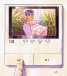  1boy apron blue_hair box buttons collarbone cu_chulainn_(fate) delivery doorbell earrings fate_(series) fingernails hal_(haaaalhal) holding holding_box jewelry male_focus open_mouth ponytail pov pressing red_eyes screen short_sleeves signature solo_focus striped striped_apron translation_request 