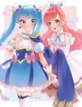  2girls artist_request asymmetrical_clothes bare_shoulders blue_cape blue_eyes blue_hair blush bow cape cure_prism cure_sky dress earrings elbow_gloves eyelashes gloves green_eyes hair_bow hair_ornament happy heart highres hirogaru_sky!_precure jewelry long_hair looking_at_another magical_girl multicolored_hair multiple_girls nijigaoka_mashiro pink_hair precure smile sora_harewataru source_request standing streaked_hair thighhighs thighs twintails white_dress white_gloves 