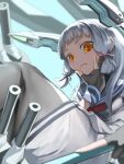  1girl adapted_turret black_gloves black_shirt closed_mouth dress fingerless_gloves floating_headgear gloves grey_hair grey_pantyhose hair_ribbon hand_on_own_face headgear highres holding holding_polearm holding_weapon kantai_collection long_hair murakumo_(kancolle) necktie orange_eyes pantyhose polearm red_necktie red_pupils ribbon rigging sailor_dress sannsogyoraikai shirt short_eyebrows sidelocks solo tress_ribbon weapon white_dress 