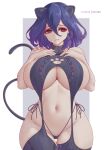  1girl absurdres animal_ears bare_shoulders blue_background blue_hair breasts cat_ears cat_paw_cutout cowboy_shot grey_background groin hair_between_eyes hands_on_own_chest highleg highleg_panties highres kinsou_no_vermeil large_breasts looking_at_viewer medium_hair melowh navel panties parted_lips patreon_username red_eyes short_hair side-tie_panties sideboob simple_background solo string swimsuit tail thighs two-tone_background underwear vermeil_(kinsou_no_vermeil) virgin_destroyer_sweater white_background 