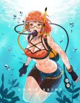  1girl bikini commission denim denim_shorts fingerless_gloves fire_emblem fire_emblem:_three_houses fire_emblem_heroes fish gloves highres leonie_pinelli leonie_pinelli_(summer) looking_at_viewer official_alternate_costume orange_bikini orange_eyes orange_hair scuba scuba_gear shorts sumustard swimsuit underwater water 