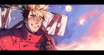  1boy black_gloves black_hair blonde_hair blue_background blue_eyes crying crying_with_eyes_open gloves grin highres jacket large_cross letterboxed male_focus maomango_doodle open_mouth red_jacket short_hair smile solo spiked_hair streaming_tears tears teeth trigun upper_body vash_the_stampede 