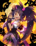  1girl dark-skinned_female dark_skin fake_horns fake_tail fake_wings fangs gengar gourgeist highres horns iris_(fall_2022)_(pokemon) iris_(pokemon) mimikyu official_alternate_costume orange_background pink_footwear poipole pokemon pokemon_(creature) pokemon_(game) pokemon_masters_ex purple_hair red_eyes sableye shuppet star_(symbol) tail umippuu_(crystal_pk314) wings wrist_cuffs 